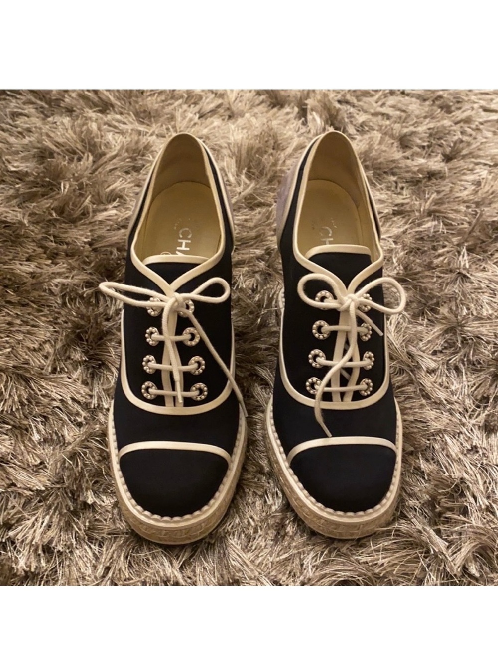 CHANEL Navy Blue Lace-Up Espadrille Wedge Sneakers with White Trim and Pearls
